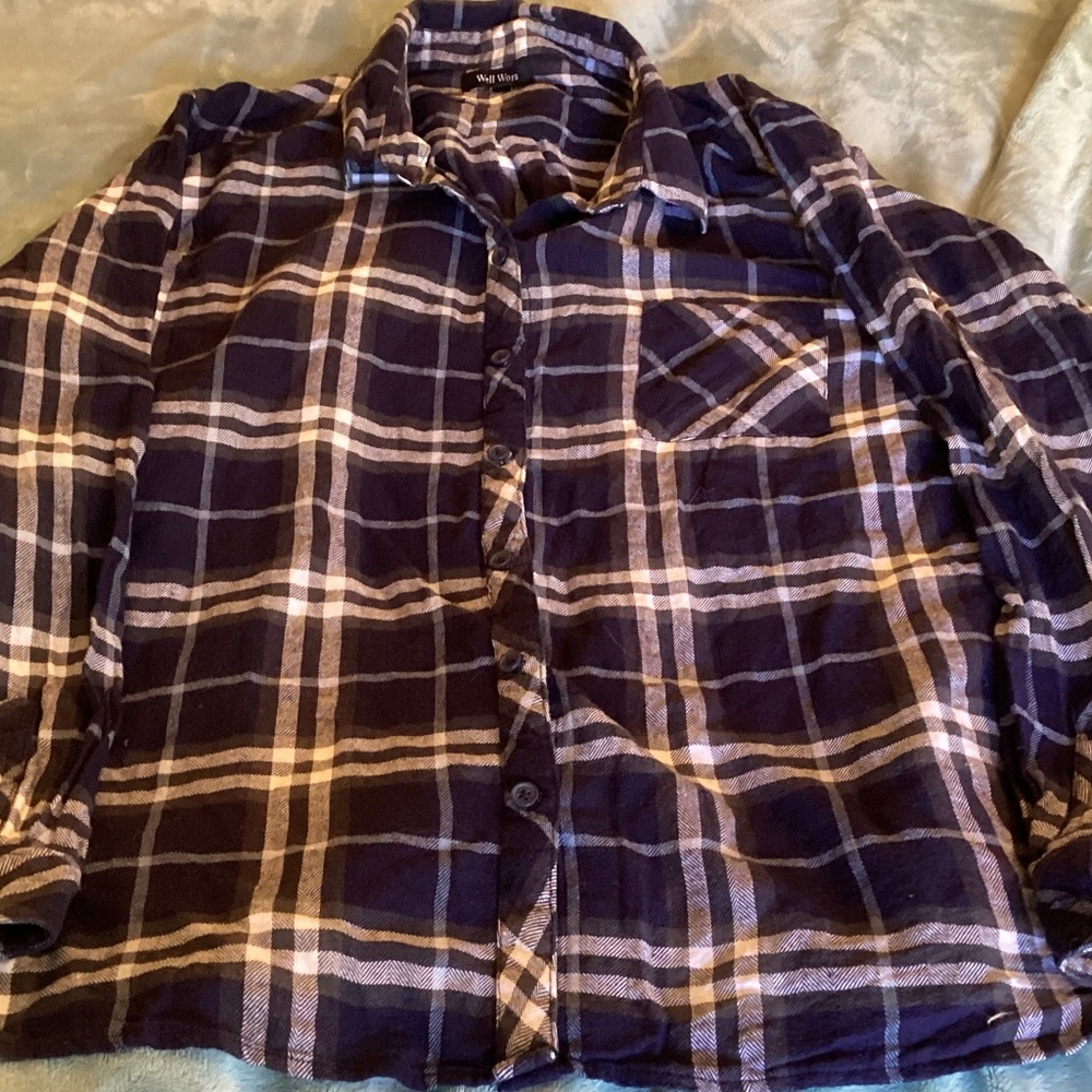 Well Worn Navy and White Checkered Flannel Shirt